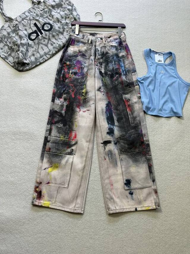 Summer new heavy painted graffiti fashion dirty style denim trousers multi-area