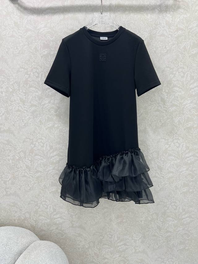 Loew*25 new round neck short sleeves irregular hem pieced with organza dress wit