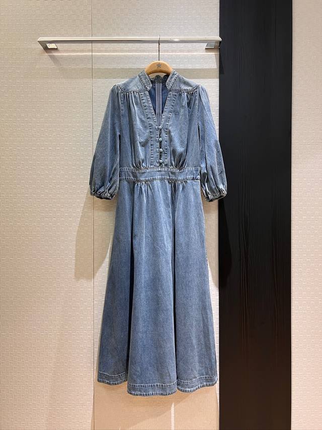 New Zimmermann palace style lantern sleeves V-neck denim dress high waist washed