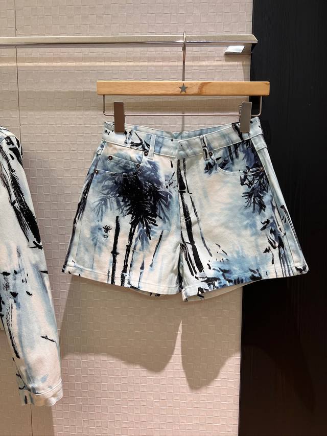 New style dark blue bamboo print denim shorts embroidery CD bee casual age-reduc