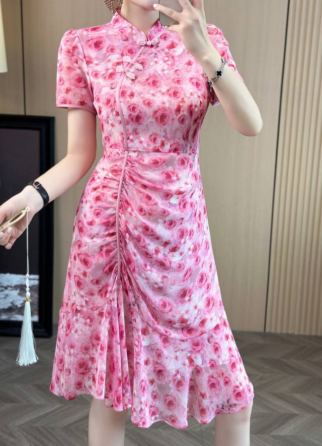 dress Folding rose print dress Shipping irregular version waist style pink and b