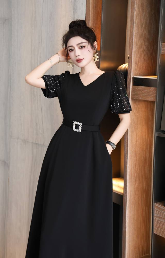 dress V-neck heavy sleeves diamond starry long dress original design slim fit ce
