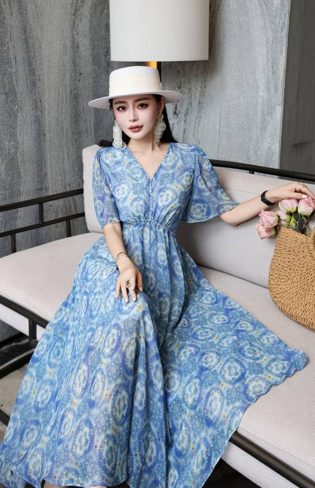 Dress Summer holiday ethnic style georgette print long swing dress, crystal chai