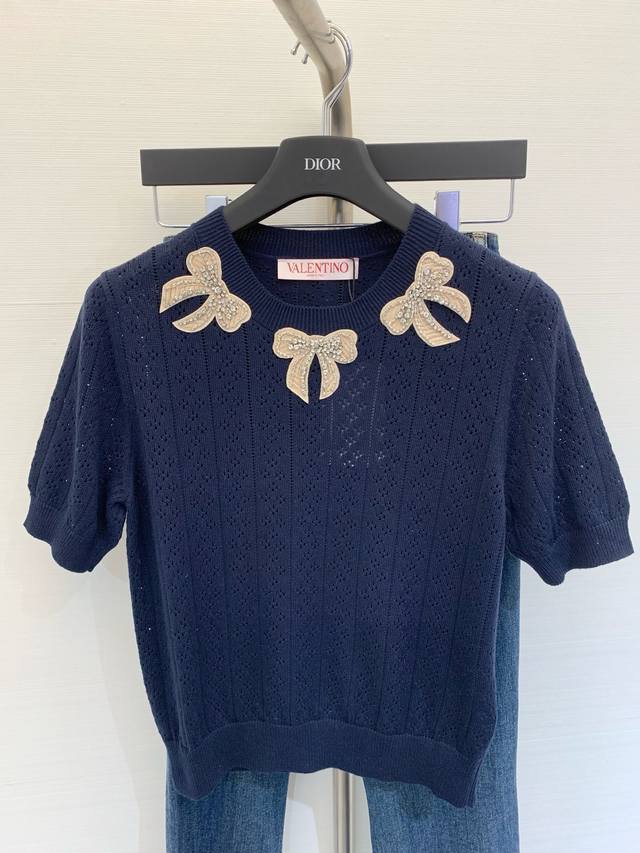 Valentin* 2025 Summer new round neck knitted short sleeves three-dimensional bow