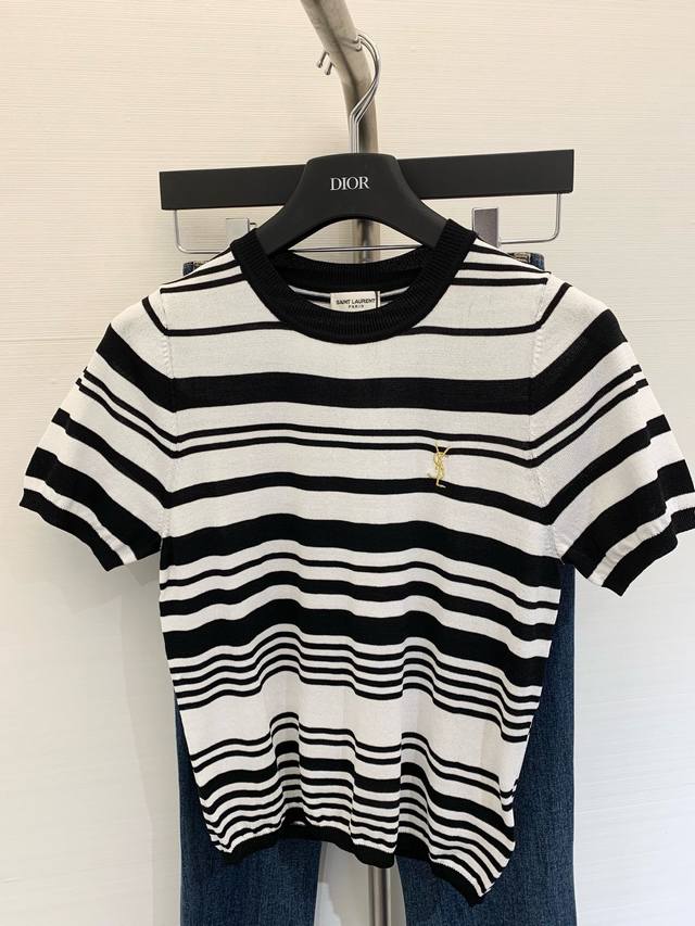 New two-color stripes contrast knitted short sleeves high-end fashion boutique e