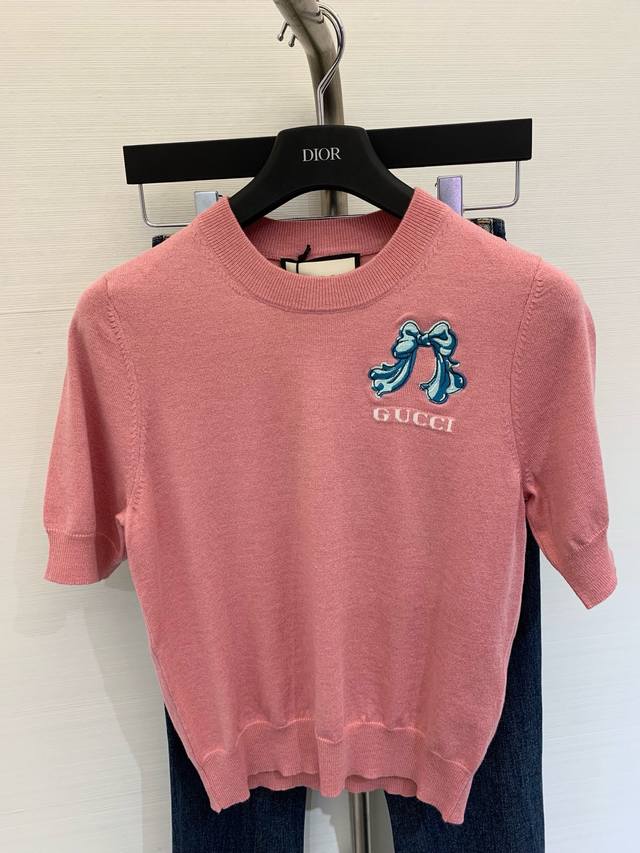 New summer bow embroidery round neck knitted short sleeves made of % wool fabric