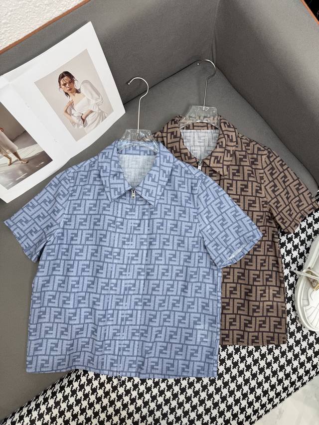 Fend* 25Ss new lapel short-sleeved shirt double F letter printed fabric fashiona