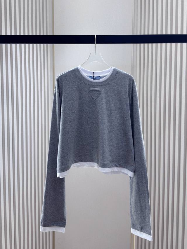 New contrast color fake two-piece round neck long sleeves Imported cotton materi