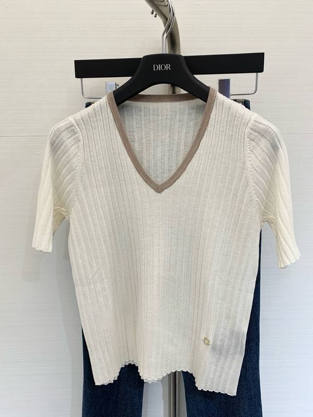 New summer style ribbed contrast collar knitted short sleeves hem classic hardwa