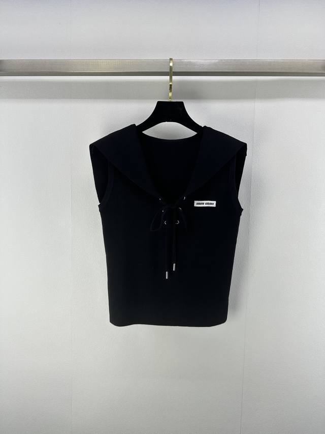 Miumi* New details 25 Spring and Summer new navy collar strap vest Logo embellis