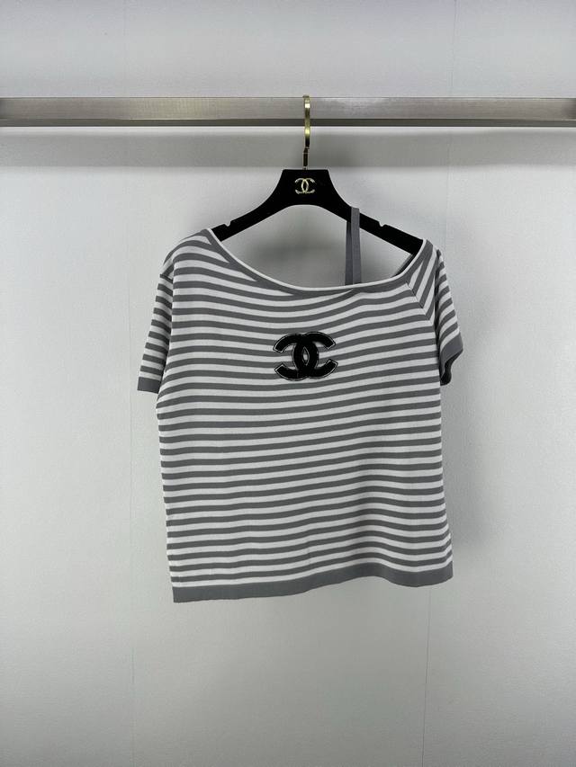 Chane *New details 25 Summer new style oblique shoulder knitted striped short sl