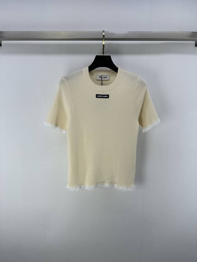 Miumi* New details 25 Spring and summer new knitted round neck short sleeves lac