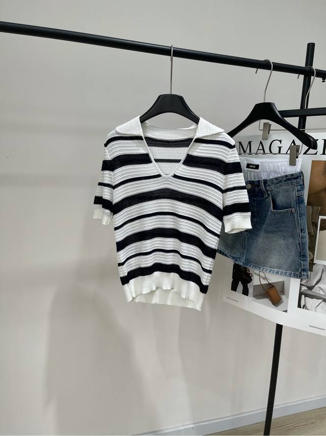 Mo navy blue and white striped woven lapel short sleeves Fabric: polyester fiber