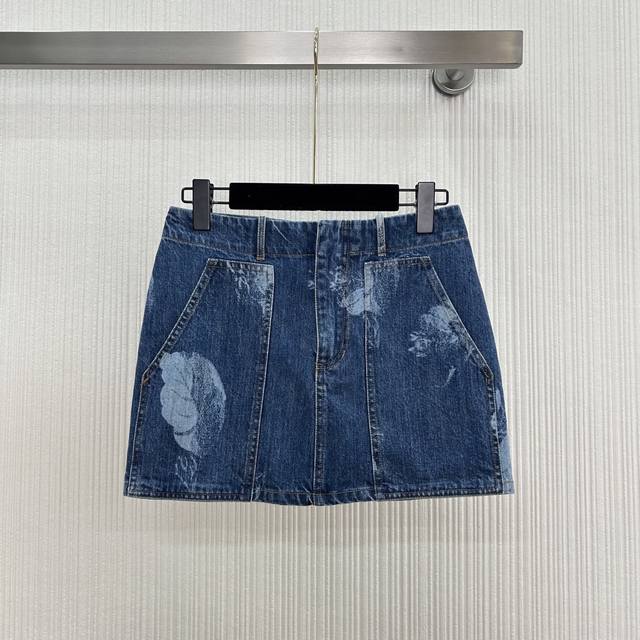 New arrival~ Fen* Fresh Ink Blue Flower Shadow Series Retro Washed Denim Skirt,