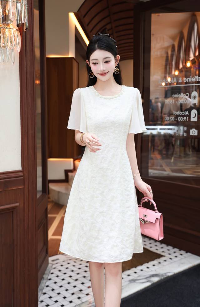 dress summer new style small fragrance fashion round neck beaded waist dress fem