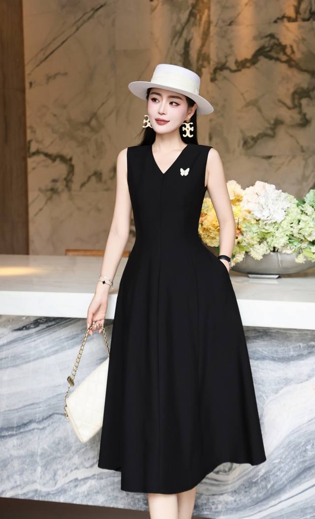 Dress Delicate wool umbrella waist V-neck three-dimensional vest dress with butt