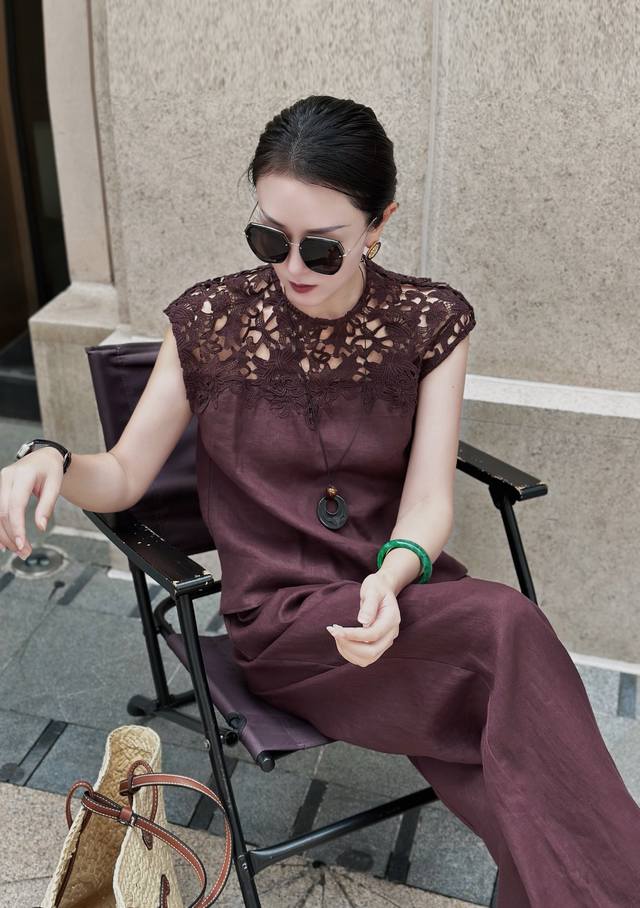 suit water-soluble lace splicing linen top + pure linen straight wide-leg pants