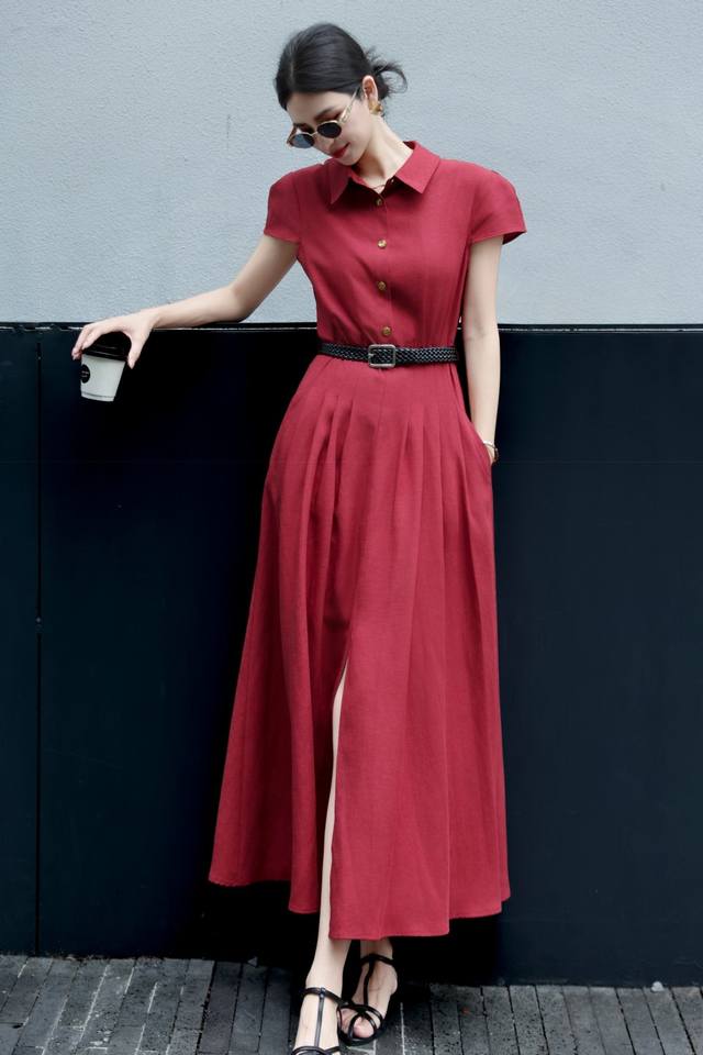 Dress Very beautiful! Tencel linen French waist slimming short sleeve big swing