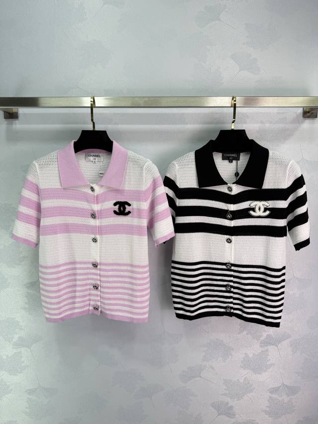 Chane* 2025 Spring and Summer latest collection! Lapel striped knitted short sle