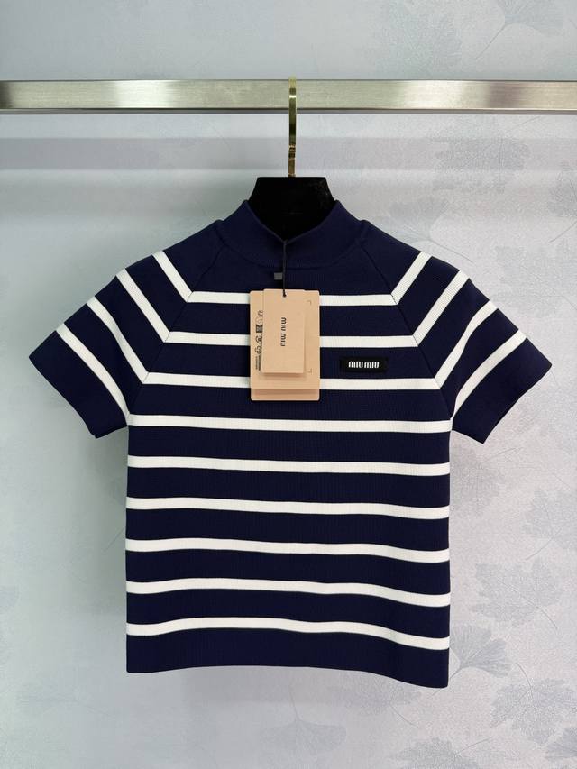 Miumi*2025 Spring and Summer latest series! Striped knitted short sleeves, custo