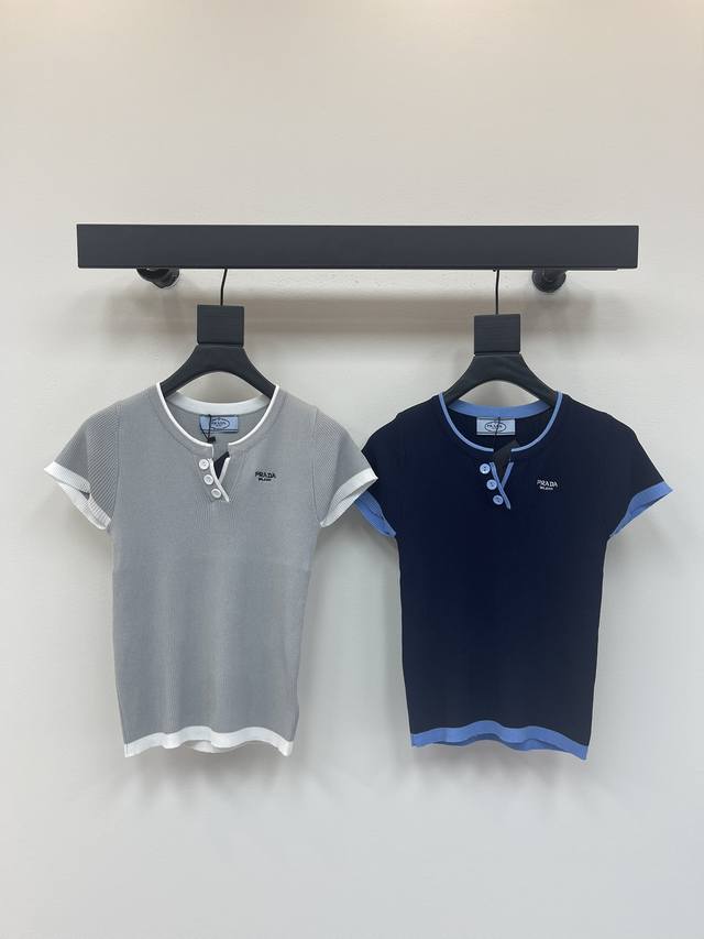 Prad*25 new knitted short-sleeved top, available in grey and dark blue, with a s
