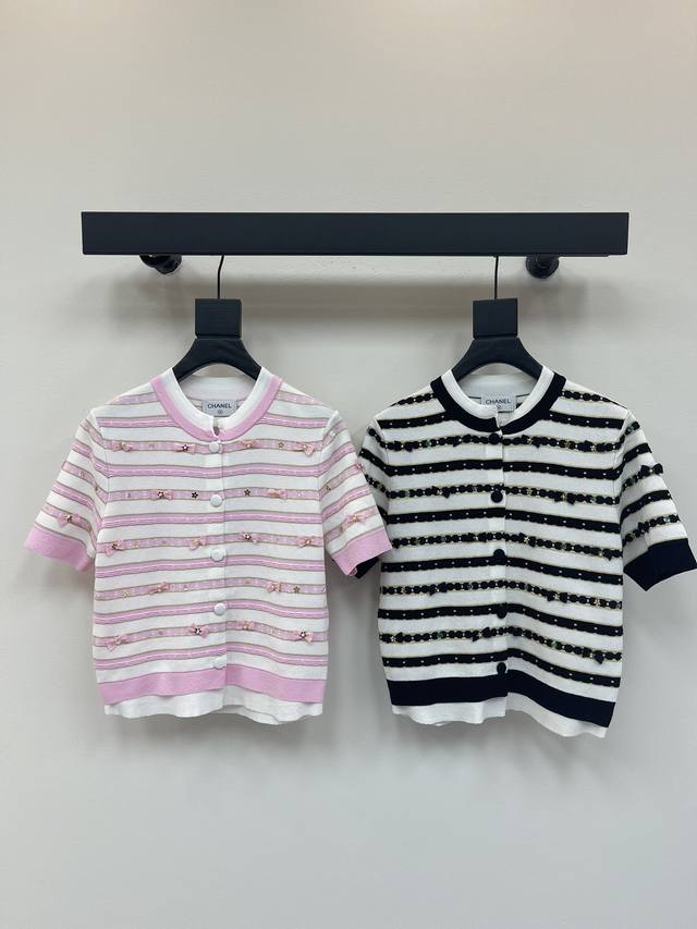 Chane*25 new striped knitted cardigan with bow and pearl decoration Super sweet