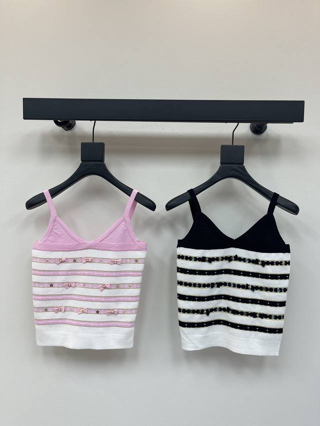 Chane*25 new striped knitted camisole with bow and pearl decoration Super sweet