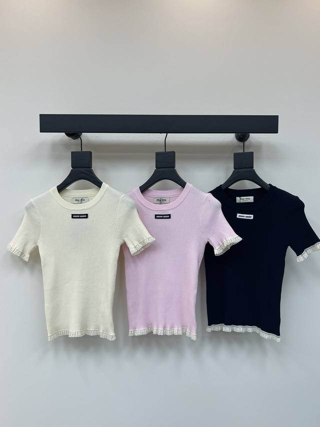 Miumi*25 new lace short sleeves! Custom wool yarn weaving texture comfortable el