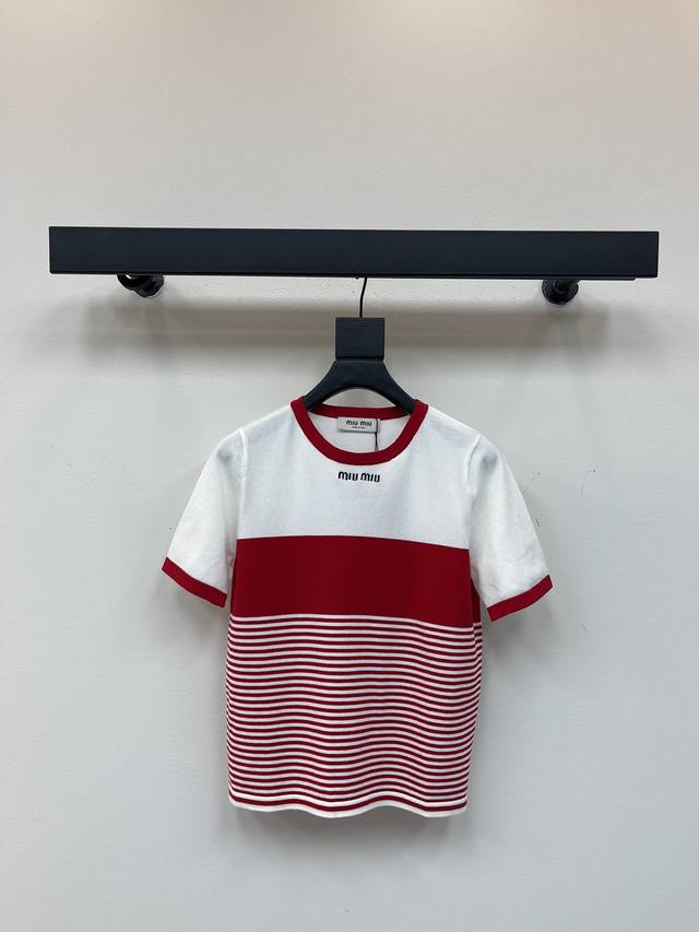 Miumi*25 new striped knitted short sleeves! Custom imported silk wool knitted ma