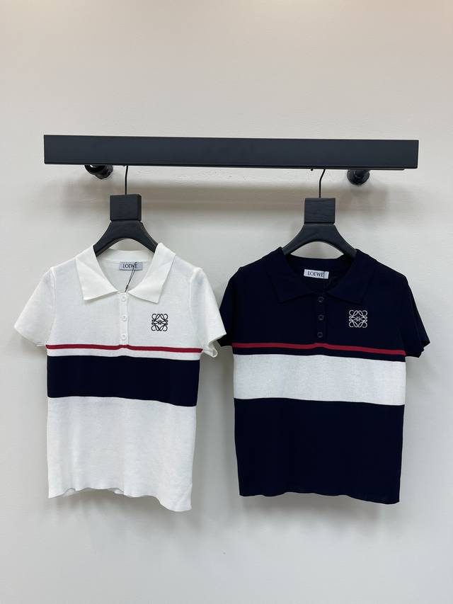 Loew*25 new lapel striped knitted short sleeves! Custom wool yarn weaving textur