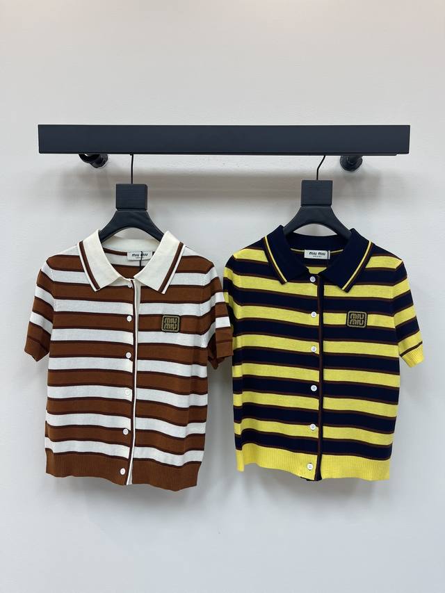 Miumi*25 new striped knitted lapel short-sleeved cardigan! Custom wool yarn weav