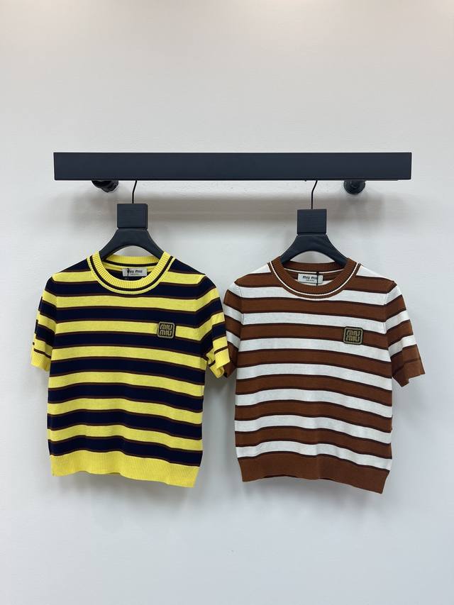 Miumi*25 new striped knitted short sleeves! Custom wool yarn weaving texture, hi