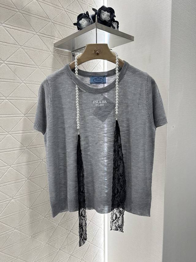 Prad*2025 New arrival Lace pearl chain knitted short sleeves Customized Yb linen