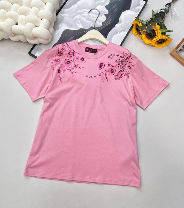 Gucci 2025 new floral letter print round neck short-sleeved T-shirt, customized