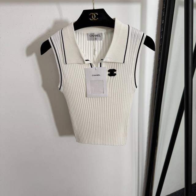 Style No. 20253799 Chane* new Chanel logo striped lapel knitted vest, white, pin