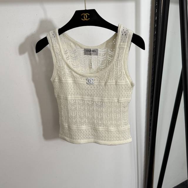 Style No. 20253798 Chane* new style flocked logo hollow knitted vest, off-white,