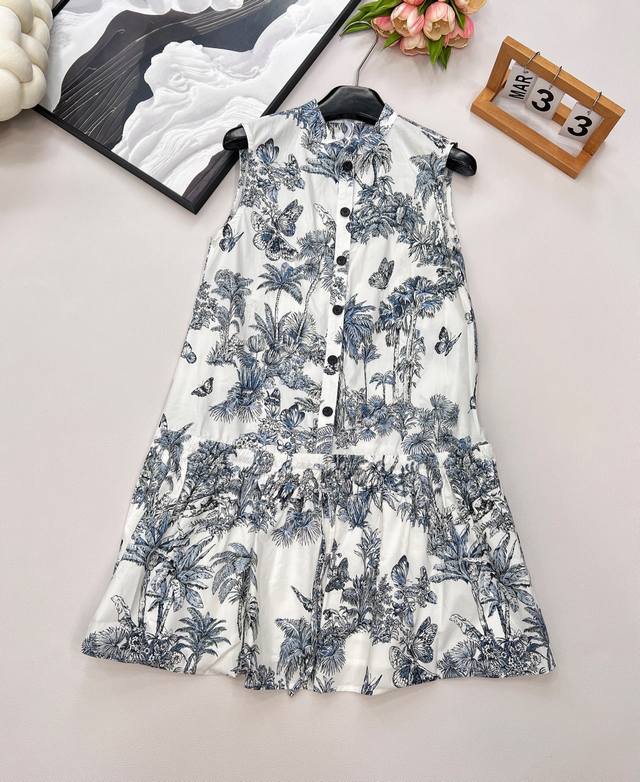 Dior25Ss new spring and summer plant print stand collar short-sleeved dress | Ex
