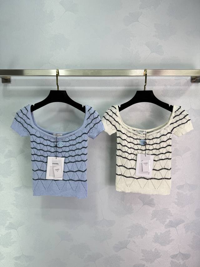 Ch*25 Spring and summer new knitted short-sleeved top, wave stripes design, off-