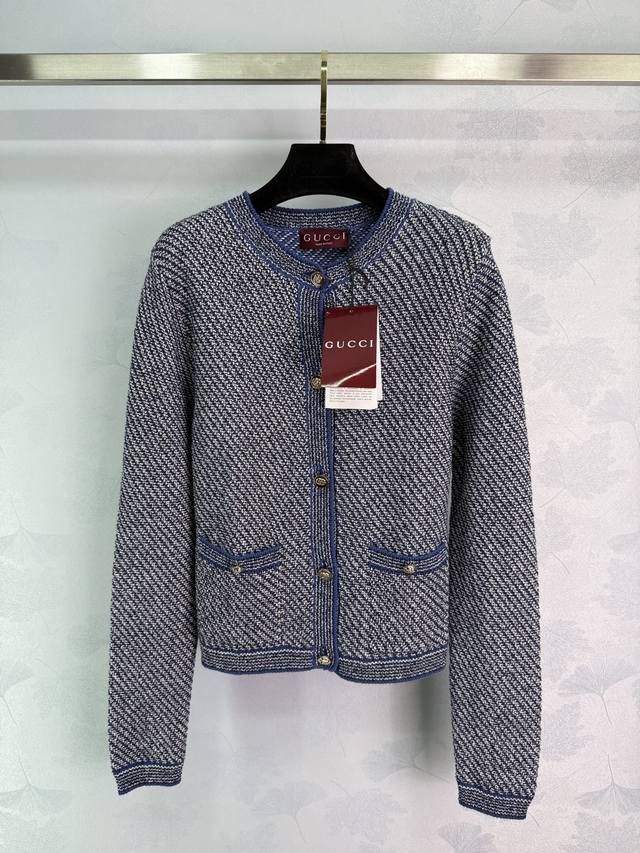Gucc*25 New knitted round neck cardigan Classic double G letter logo Contrast ja