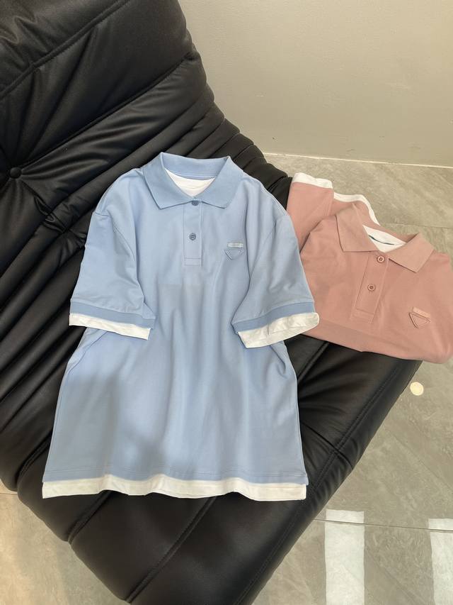 Prad* Contrast color fake two-piece shirt Customized Yb original red cotton mate