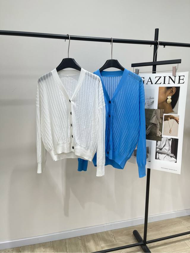 Ss vertical striped see-through V-neck cardigan , fabric: viscose + nylon Color: