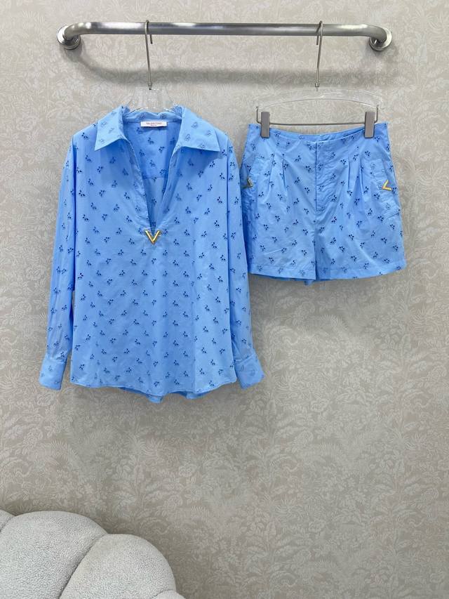 Valentin*25 new butterfly hollow carved cotton and linen suit top + shorts for s