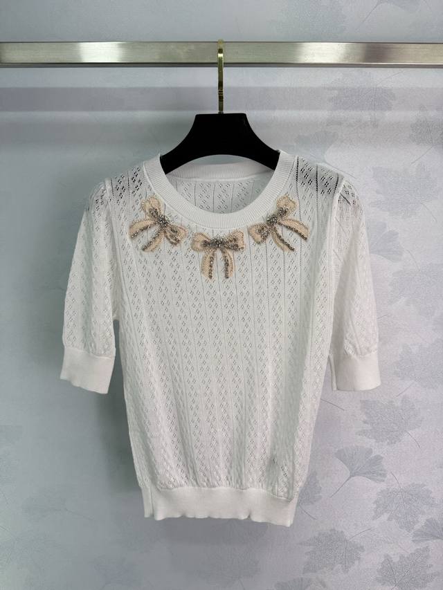 Warren 25 Early Autumn new bow hollow knit short sleeves Fine knitting outlines