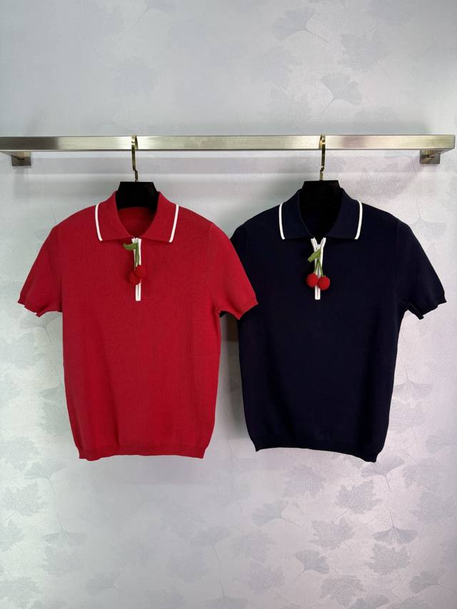 Va*2025Ss Spring and Summer new style half-zipper hand-crocheted cherry pendant
