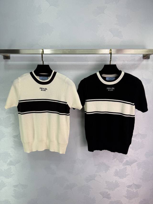 Prad*2025 Spring and Summer latest series! Contrast color round neck knitted sho