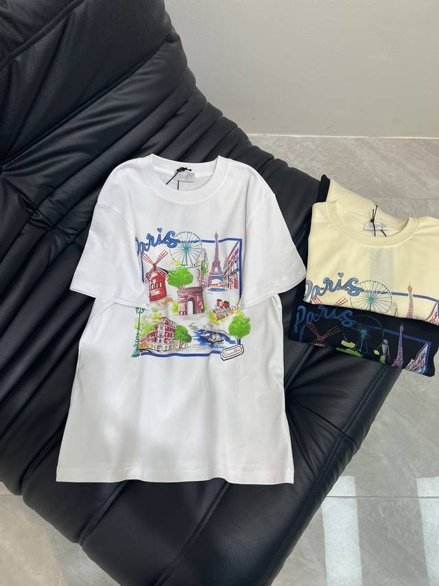Dio*25 Spring/Summer new city view print short-sleeved T-shirt. Imported pure co
