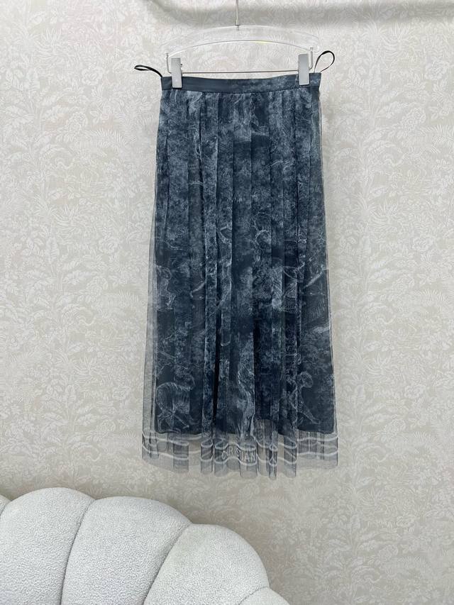 Dio*Dior 25 new classic jungle animal tiger print mesh fabric pleated skirt Supe