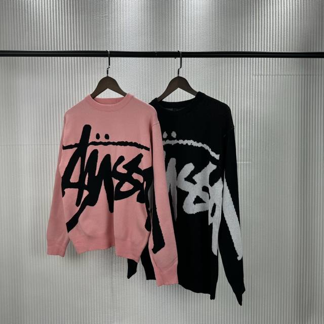 S55# Stussy 22 Winter New Style Full Body Large Letter Logo Round Neck Couple Sw