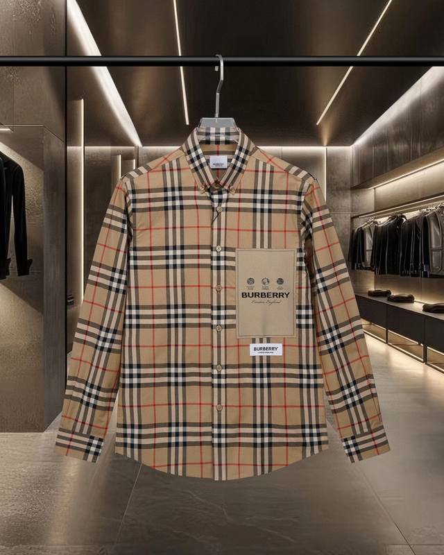 Bur Burberry's hot-selling label applique plaid cotton poplin long-sleeved shirt