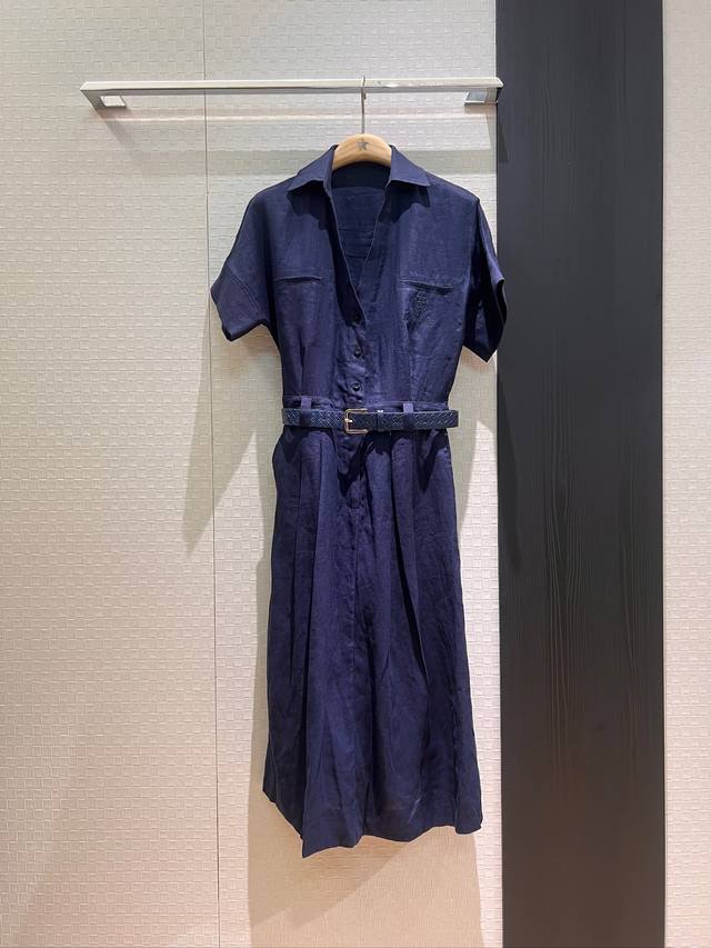 New arrival Lp lapel V-neck epaulettes short-sleeved linen dress braided belt de